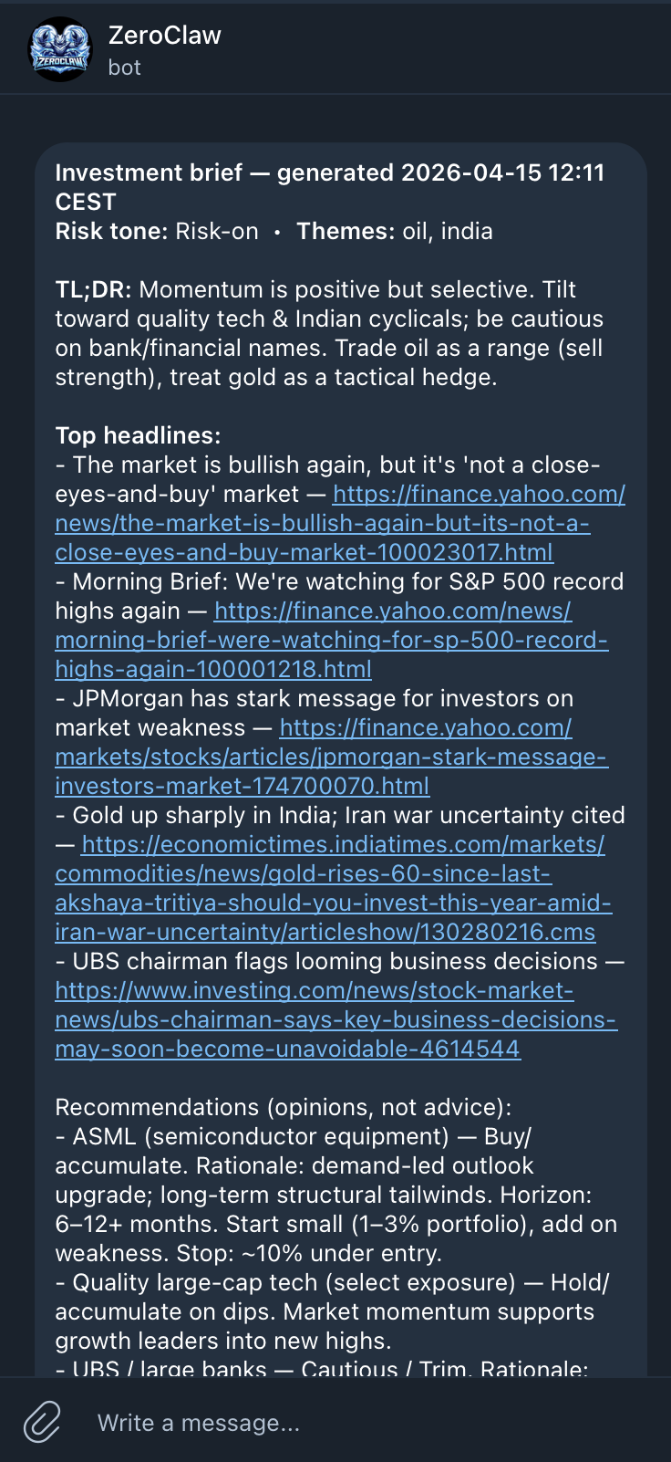 Investment brief chat
